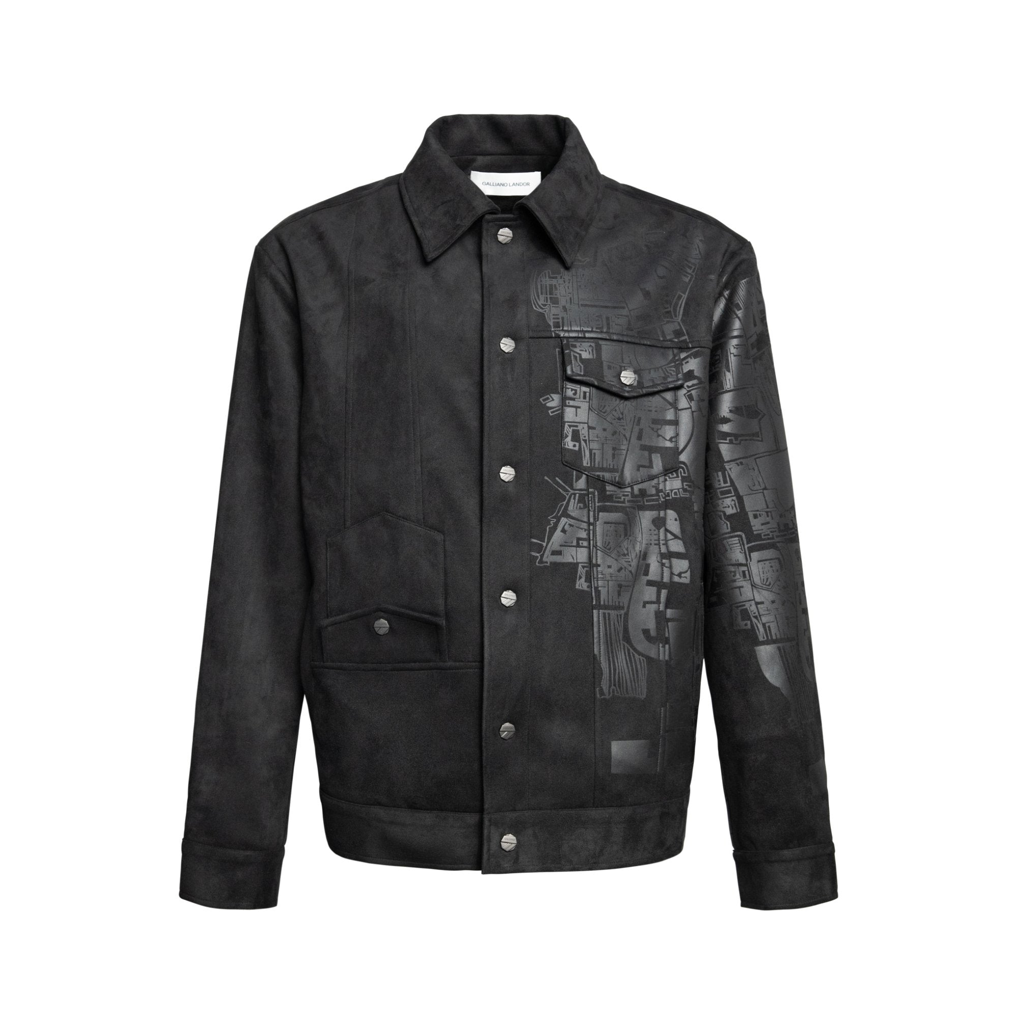 GALLIANO LANDOR Black Foil Embossed Printed Suede Jacket