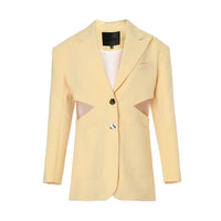 RAY CHU Lemon Yellow Lace Layering Slim Fit Waist Cutout Blazer | MADA IN CHINA