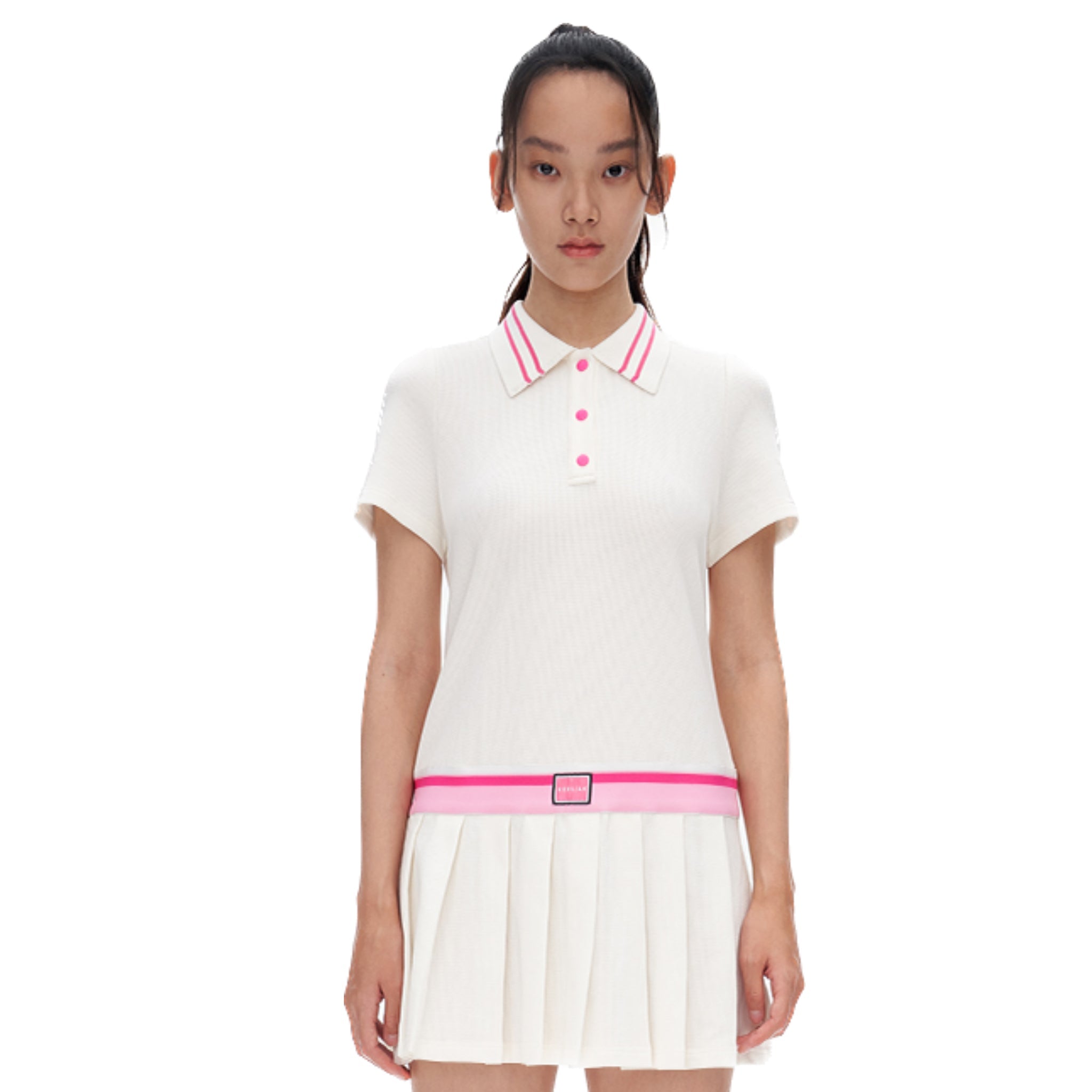 HERLIAN Pink And White Pleated Short Polo Dress | MADA IN CHINA