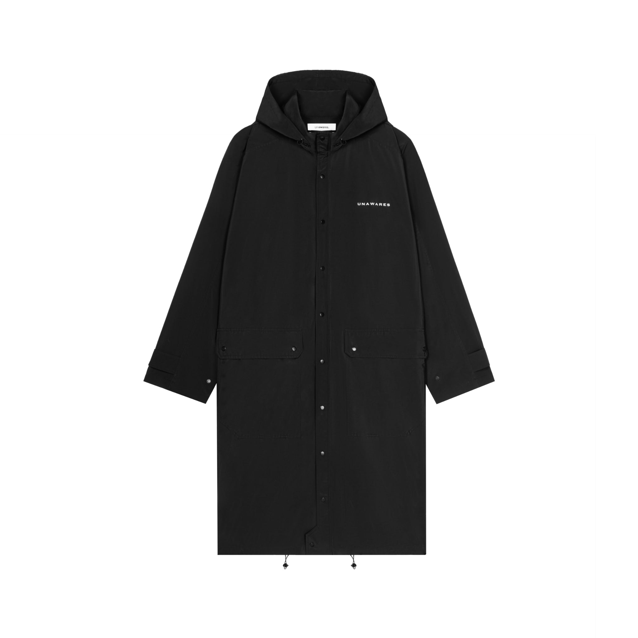 ブラック パッカブル フード ロゴ プリント ロング トレンチ コート