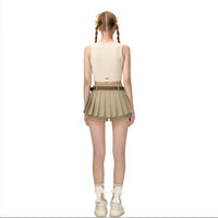 Brown High Waist Belt Pleated Skirt