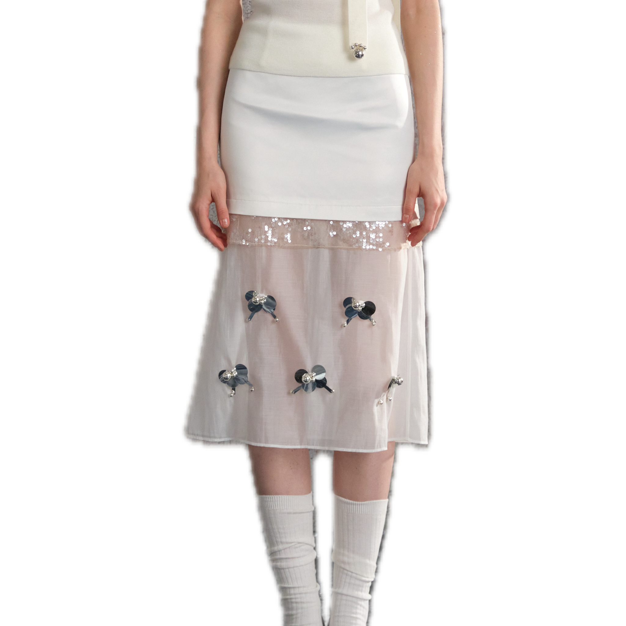 White Spliced Sequined Floral Half Skirt