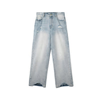 Light Blue Washed Destroyed Straight Leg Denim Trousers