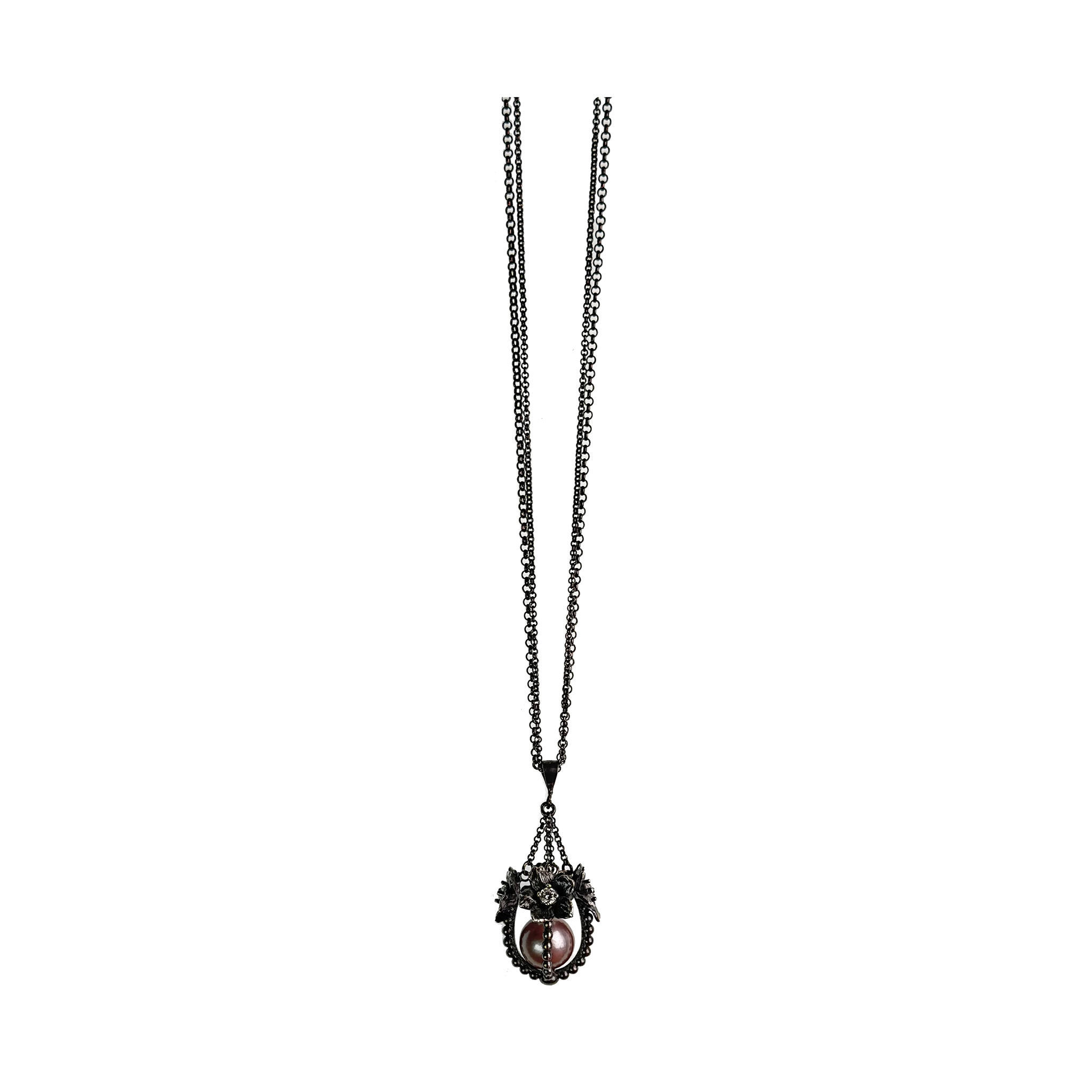Black Silver Flower Pearl Pouch Necklace