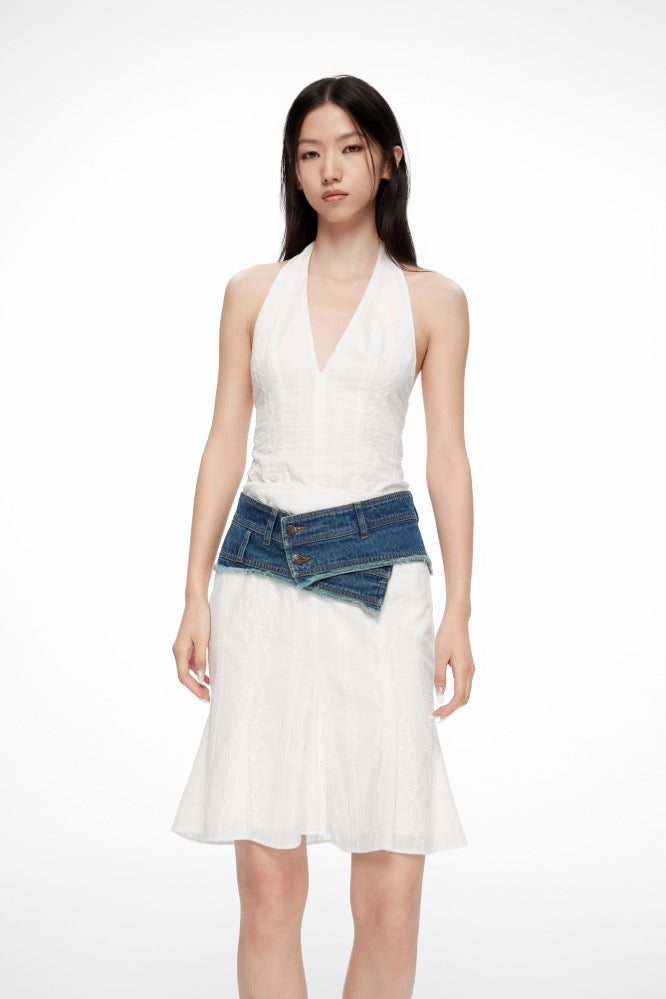 Cotton Embroidered Denim Belt Skirt