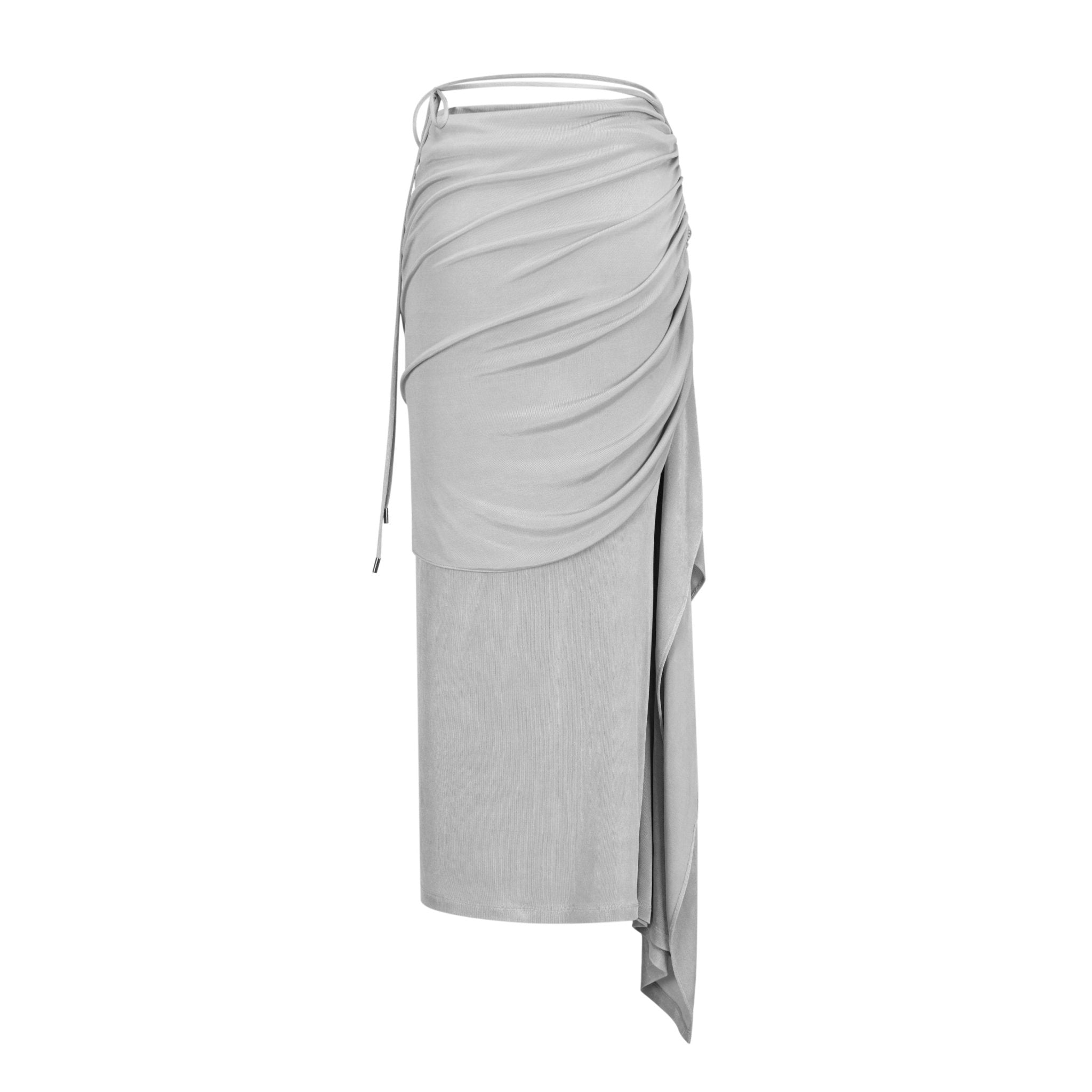 LOST IN ECHO Asymmetric Pleated Draped Maxi Skirt in Grey | MADA IN CHINA