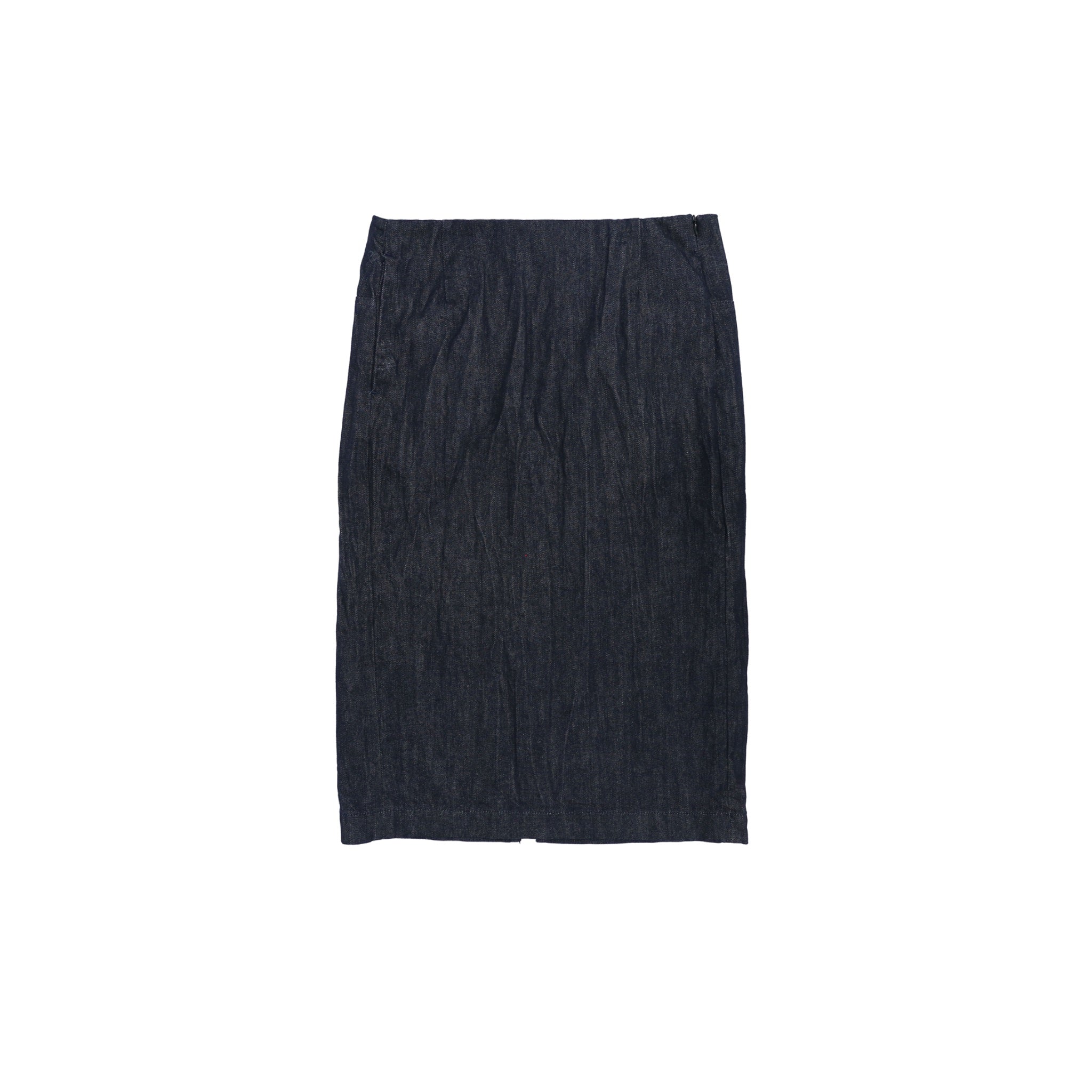 ilEWUOY Bark Ruffle Denim Slit Skirt in Dark Blue | MADA IN CHINA