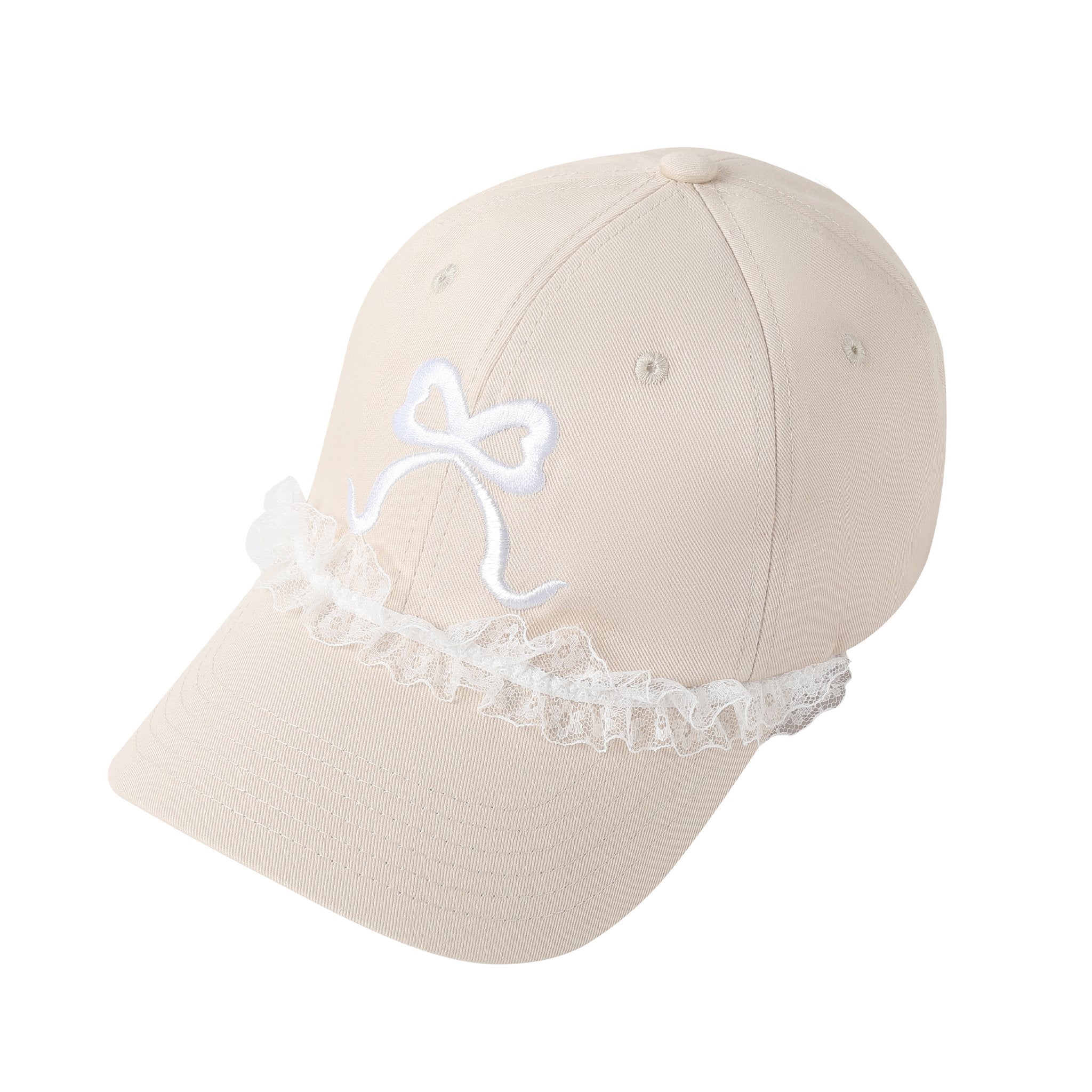 THREE QUARTERS Beige Bow Embroidered Lace Baseball Cap | MADA IN CHINA