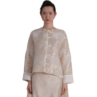 EtheClouds Beige Round Neck Gold Embroidered Buttoned Blouse | MADA IN CHINA