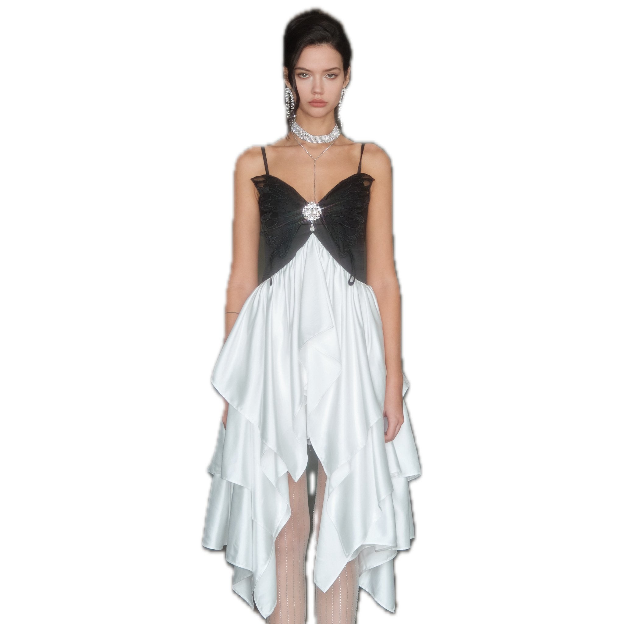 ARTE PURA Black and White Butterfly Lace Halter Dress | MADA IN CHINA