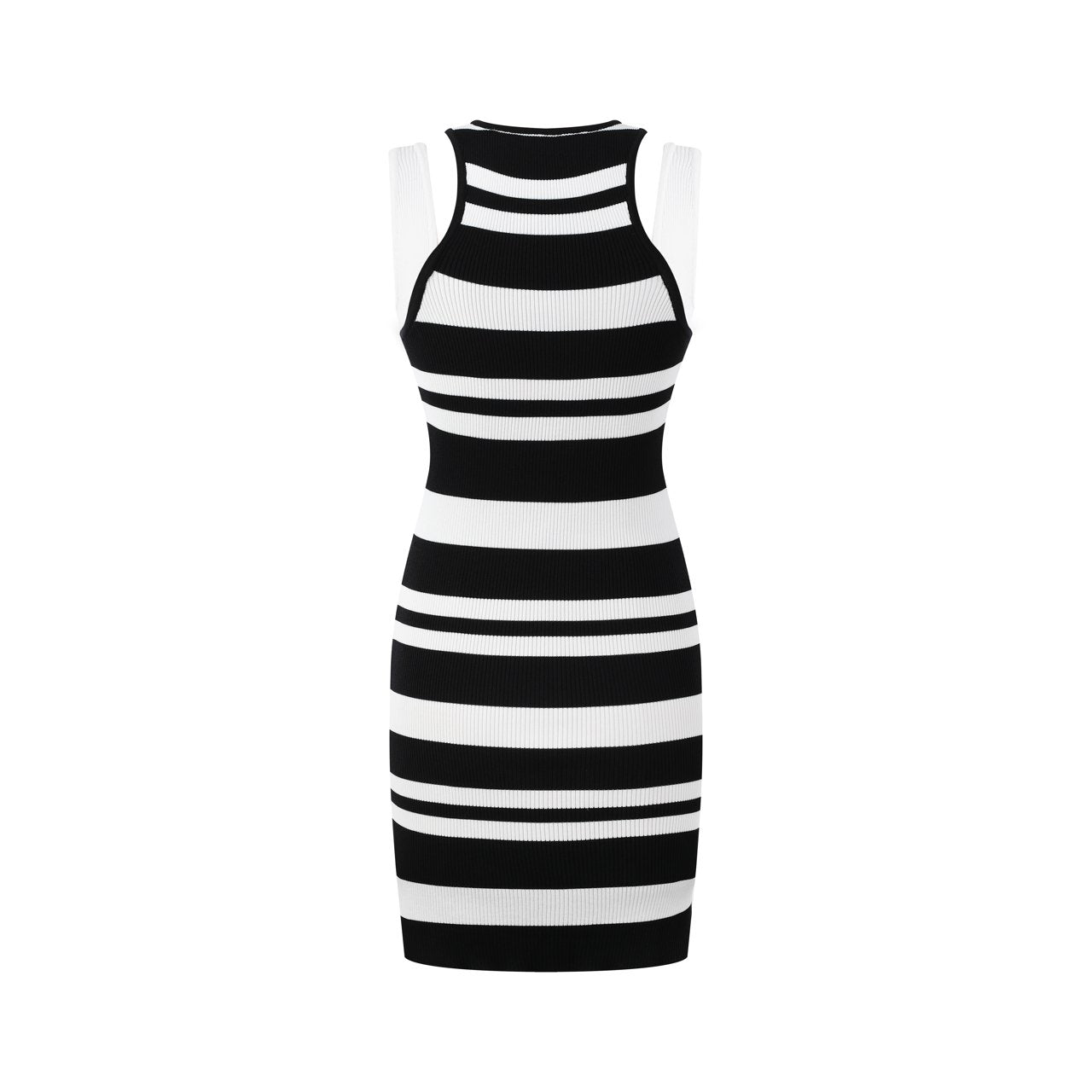 THREE QUARTERS Black and White Patchwork Sleeveless Striped Knit Dress | MADA IN CHINA