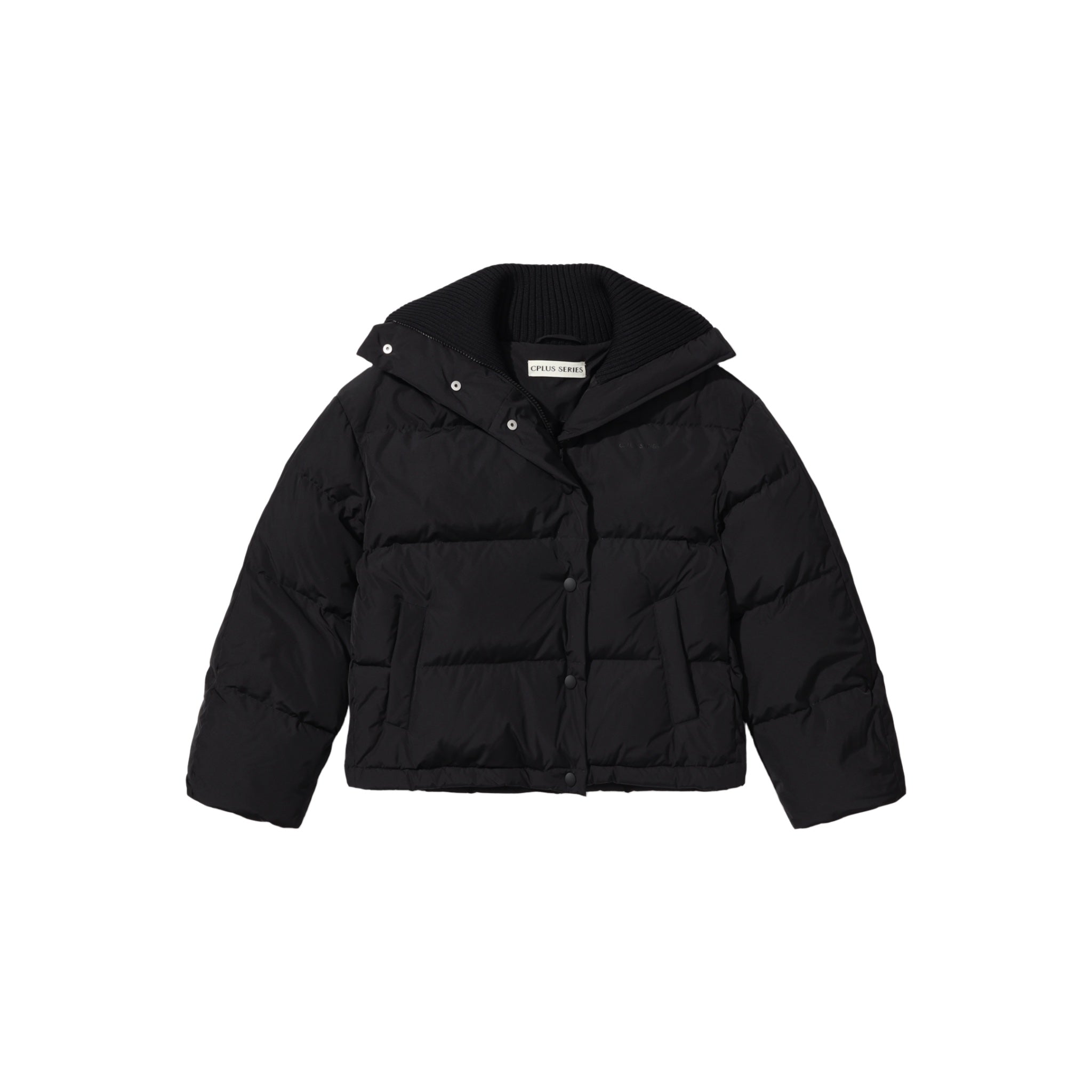 CPLUS SERIES Black Down Jacket with Logo Prints and Rib Details | MADA IN CHINA