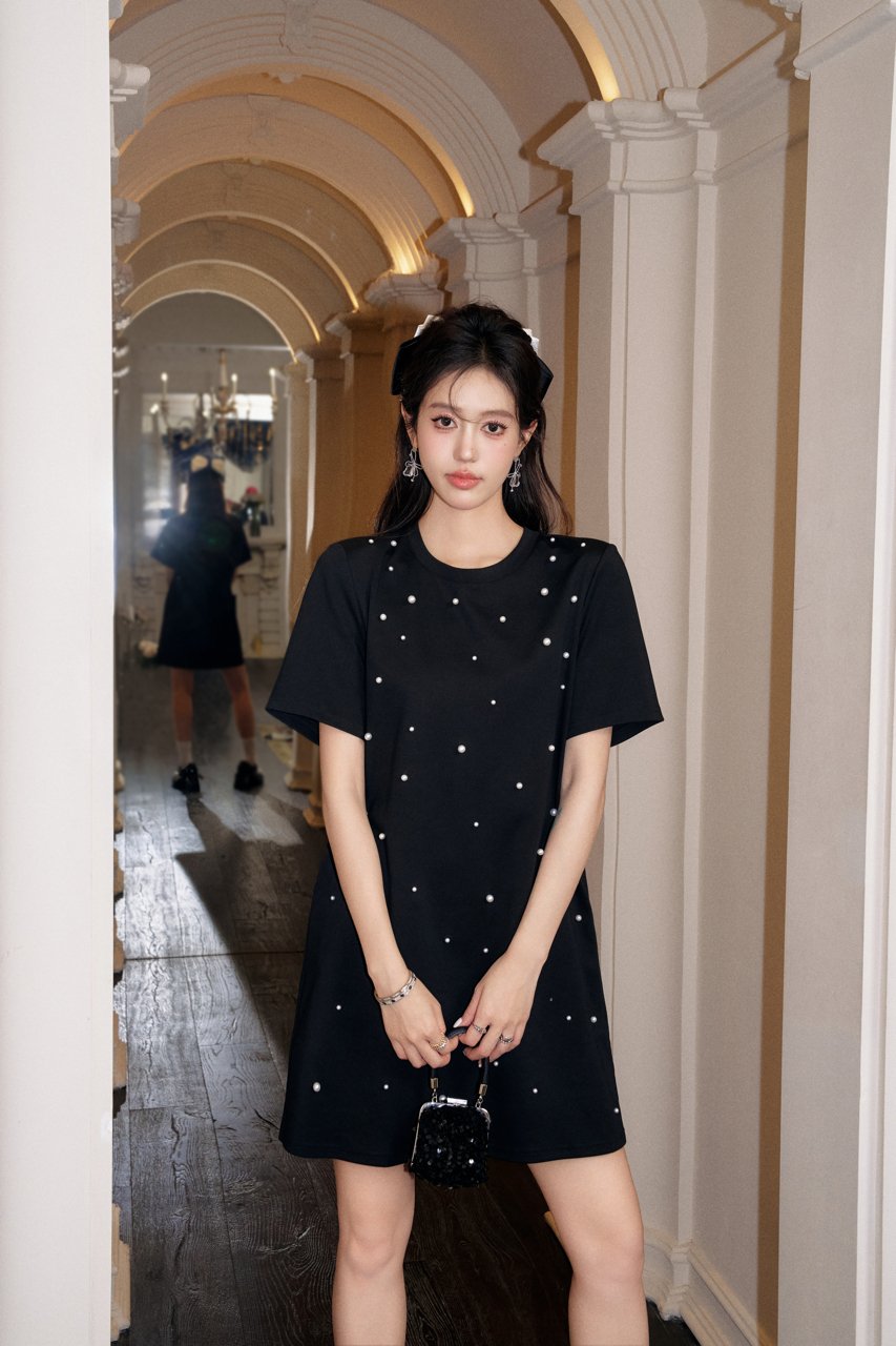 THREE QUARTERS Black Heavy Beaded Short Sleeve Dress | MADA IN CHINA