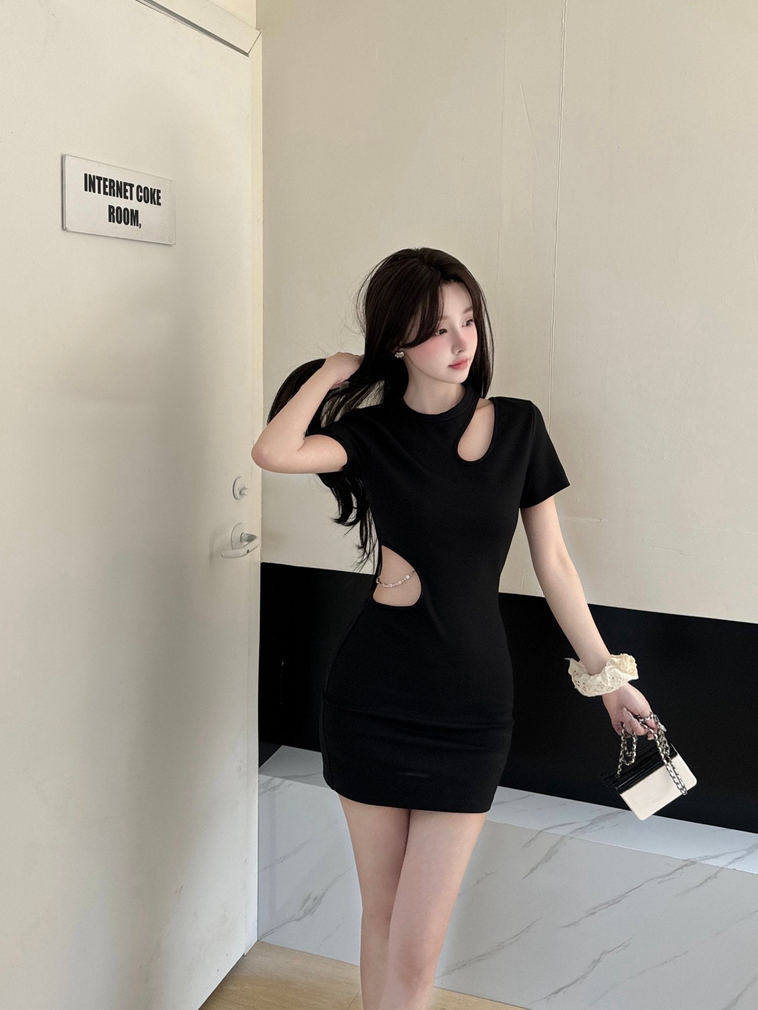 THREE QUARTERS Black Hollow Slimming Drill Chain Dress | MADA IN CHINA