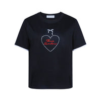 THREE QUARTERS Black Love Heart Hot Rhinestone Logo Print Lace Cuff T - Shirt | MADA IN CHINA