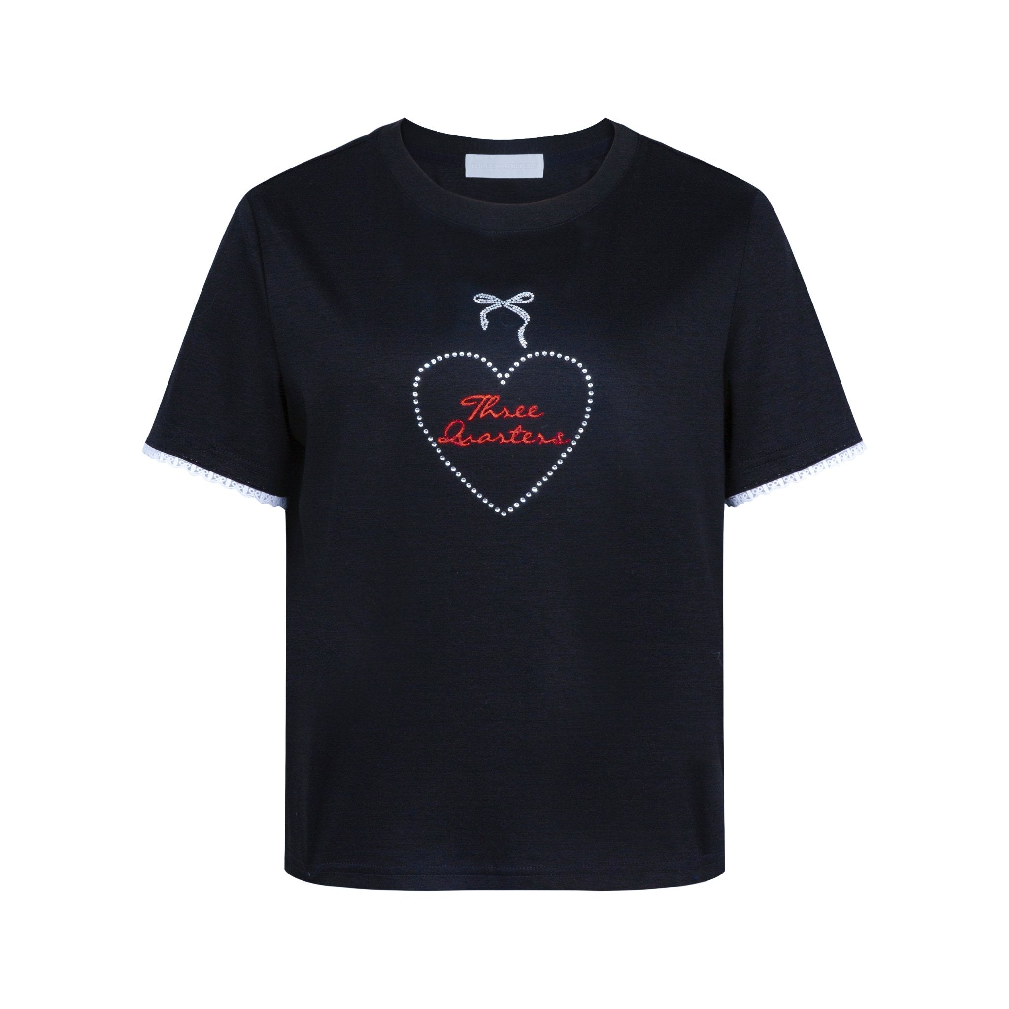 THREE QUARTERS Black Love Heart Hot Rhinestone Logo Print Lace Cuff T - Shirt | MADA IN CHINA