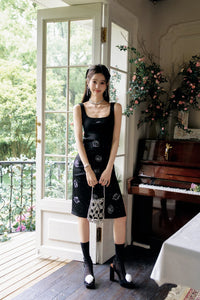 THREE QUARTERS Black Patchwork Rose Rhinestone Vest Dress | MADA IN CHINA