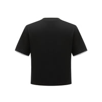 THREE QUARTERS Black Pearlized Iron - On Lace Round Neck T - Shirt | MADA IN CHINA