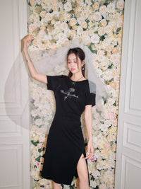 THREE QUARTERS Black Rose Rhinestone Cutout Knit Dress | MADA IN CHINA