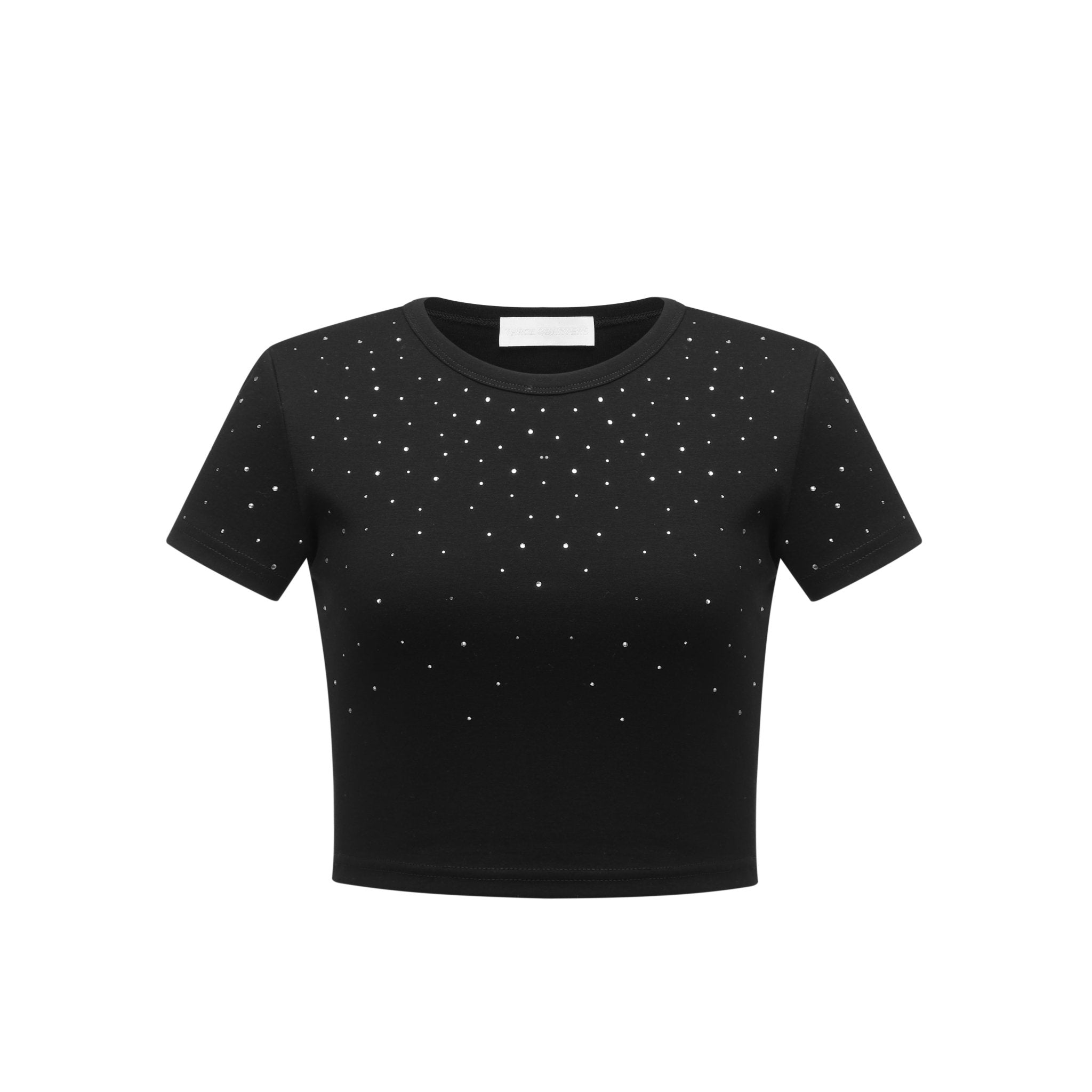 THREE QUARTERS Black Round Neck Rhinestone Short Sleeve T - Shirt Top | MADA IN CHINA