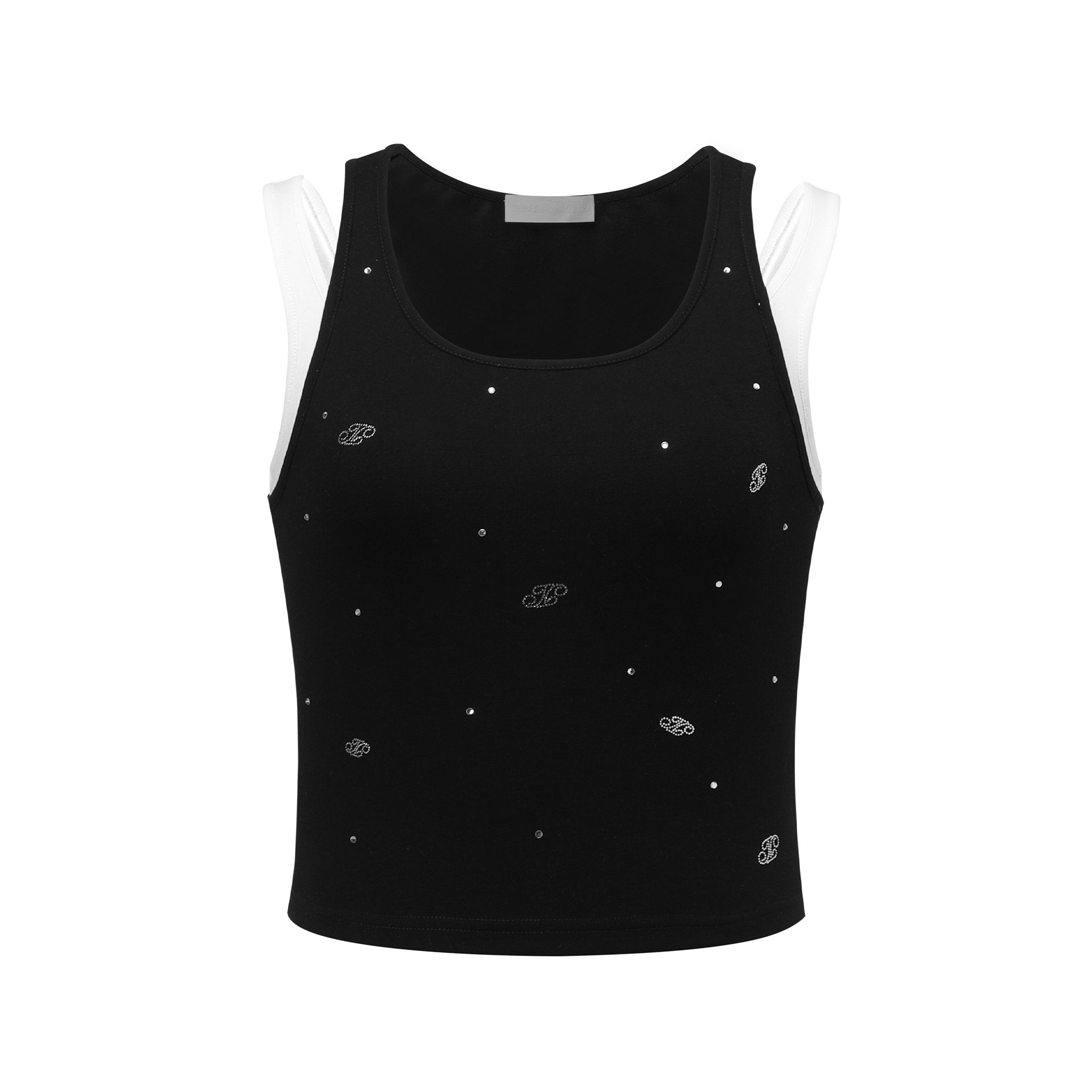 THREE QUARTERS Black Tank Top with White Strap Logo and Rhinestones | MADA IN CHINA