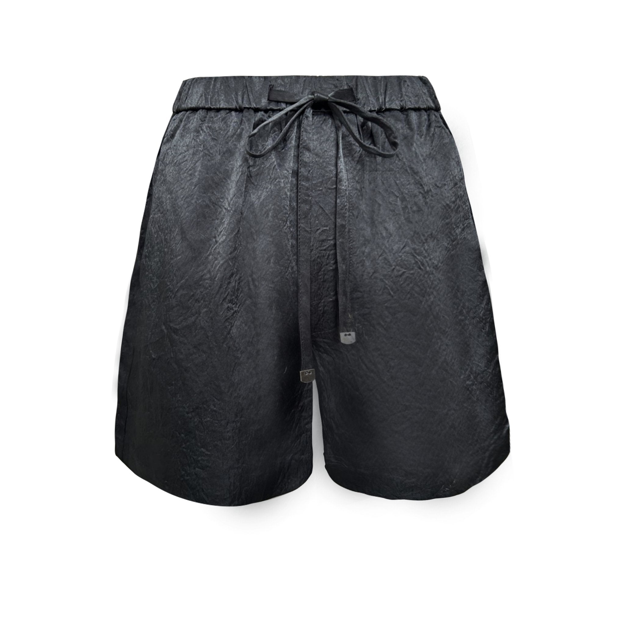 EtheClouds Black Textured Satin Elastic Waist Shorts | MADA IN CHINA
