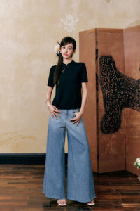 THREE QUARTERS Black Vintage Standing Collar Slant Lapel Plate Button T - Shirt | MADA IN CHINA