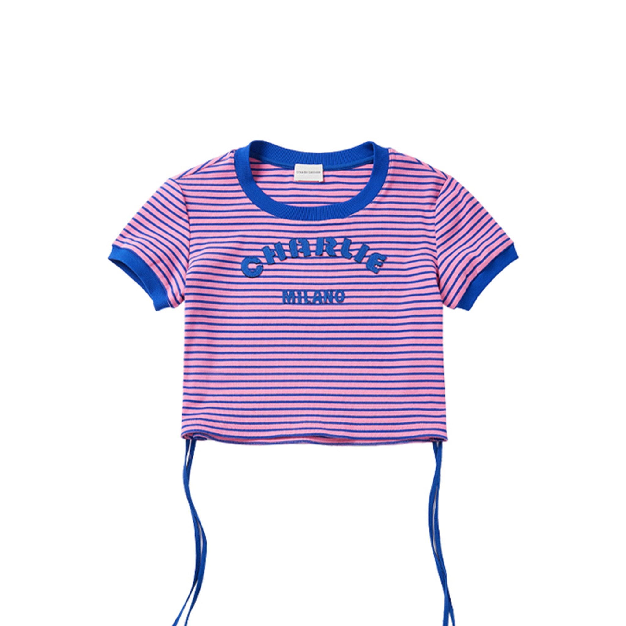 CHARLIE LUCIANO Blue and Pink Striped Patch Logo Short - Sleeved T - Shirt | MADA IN CHINA