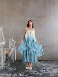 ARTE PURA Blue and White Gradient Print Halter Dress | MADA IN CHINA