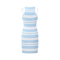 THREE QUARTERS Blue and White Patchwork Sleeveless Striped Knit Dress | MADA IN CHINA