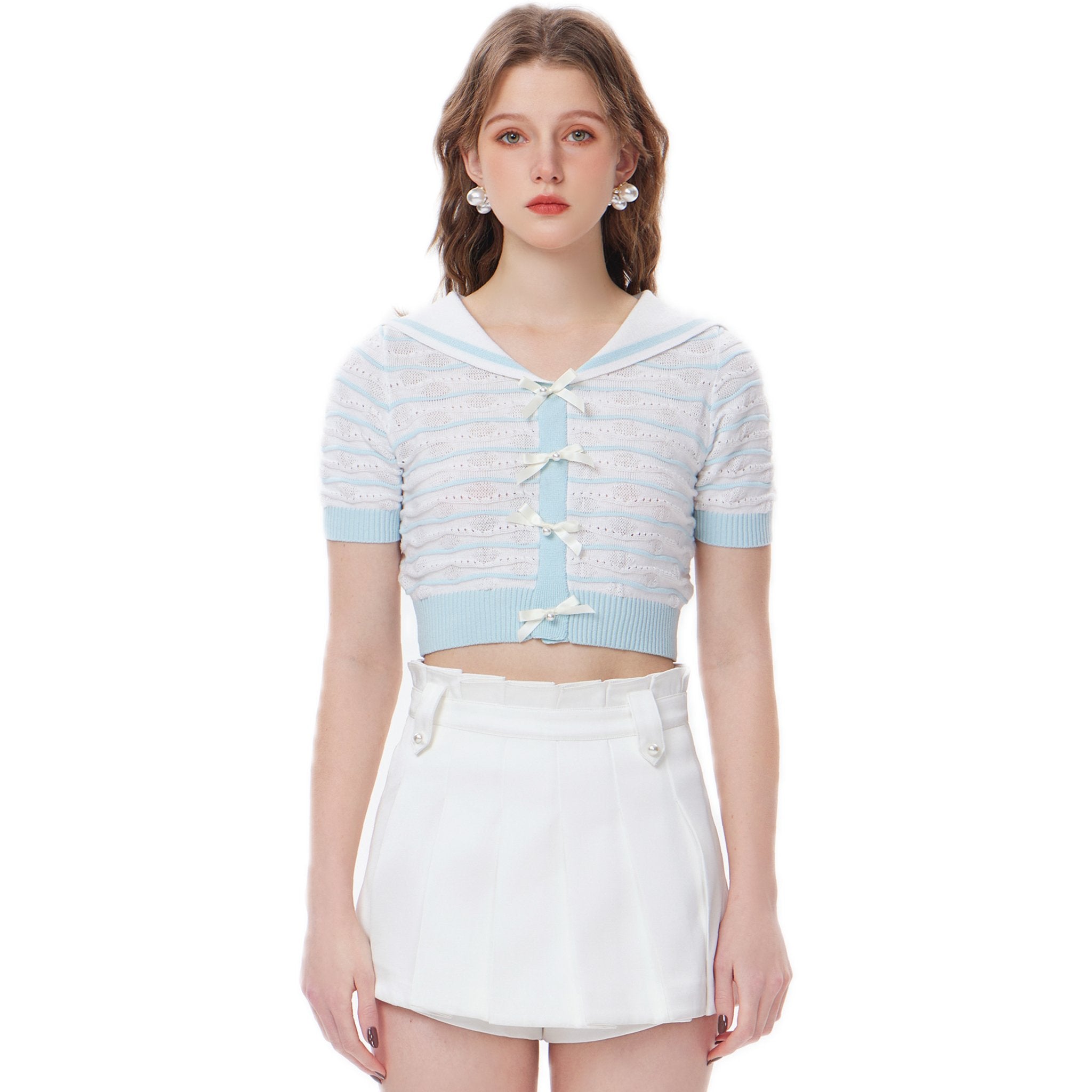 THREE QUARTERS Blue And White Striped Navy Collar Short Sleeve Knit Sweater | MADA IN CHINA