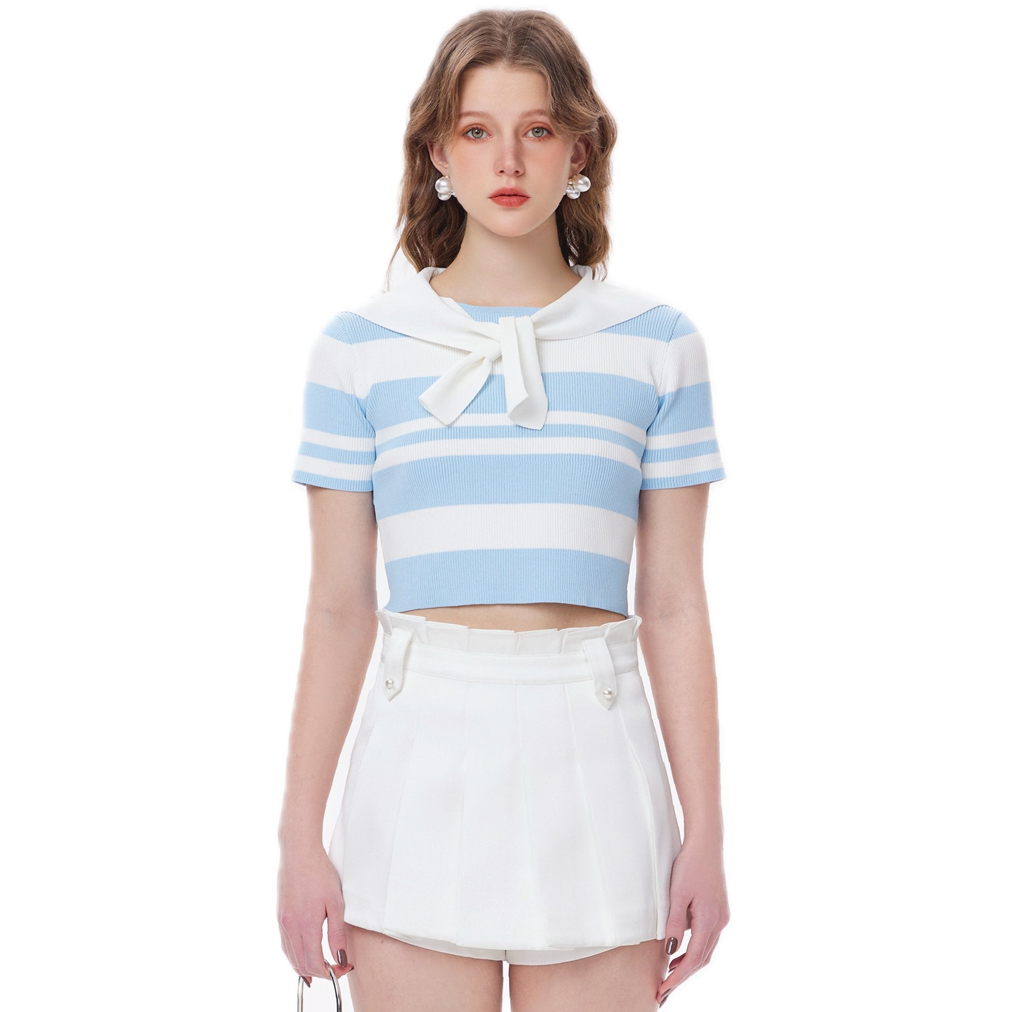 THREE QUARTERS Blue And White Striped Navy Neck Knit Short Top | MADA IN CHINA