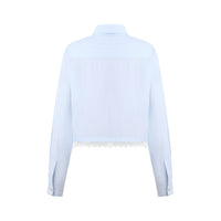 THREE QUARTERS Blue And White Striped Short Stereo Embroidered Lace Trim Shirt | MADA IN CHINA