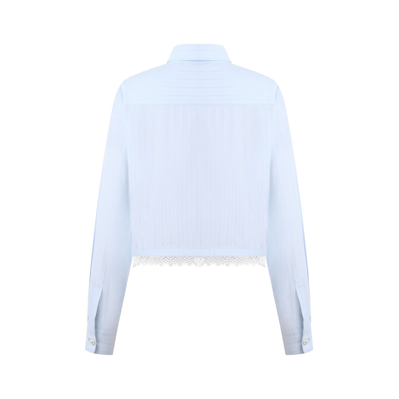 THREE QUARTERS Blue And White Striped Short Stereo Embroidered Lace Trim Shirt | MADA IN CHINA