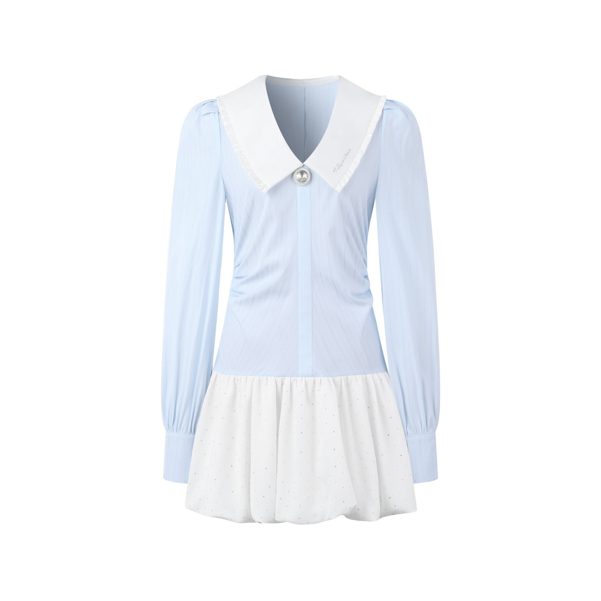 THREE QUARTERS Blue And White Striped Spliced Drilling Shirt Dress | MADA IN CHINA