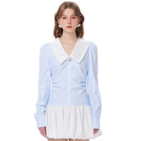 THREE QUARTERS Blue And White Striped Spliced Drilling Shirt Dress | MADA IN CHINA