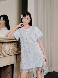 THREE QUARTERS Blue Cut Floral Fake Two Piece Short Sleeve Long T Dress | MADA IN CHINA