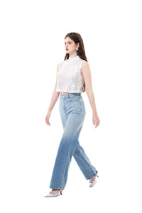 THREE QUARTERS Blue Gradient Rhinestone Straight Leg Jeans | MADA IN CHINA