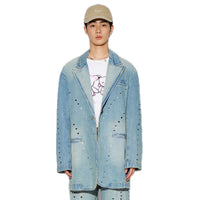 CPLUS SERIES Blue Pistressed Denim Coat with Dissected Lines | MADA IN CHINA