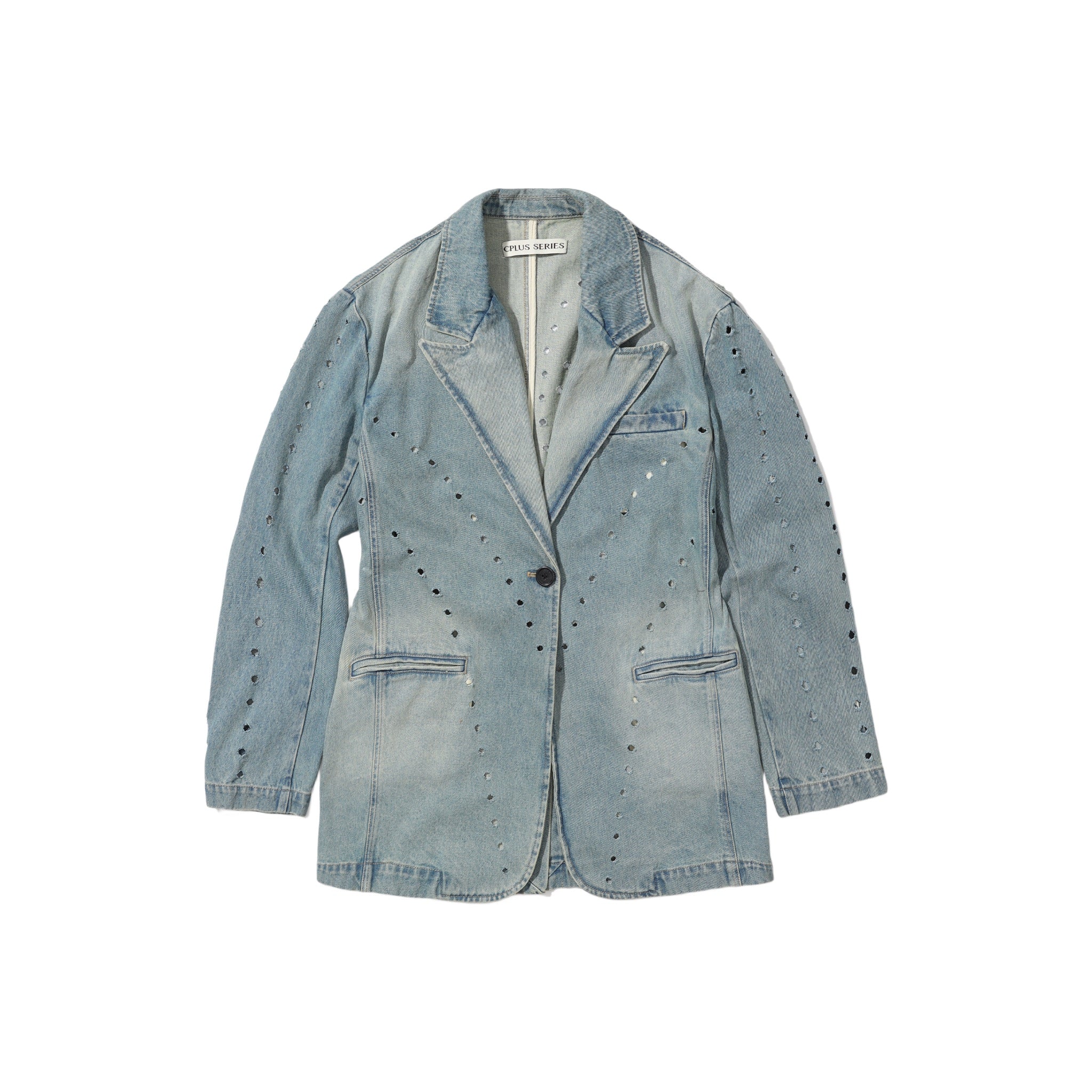 CPLUS SERIES Blue Pistressed Denim Coat with Dissected Lines | MADA IN CHINA