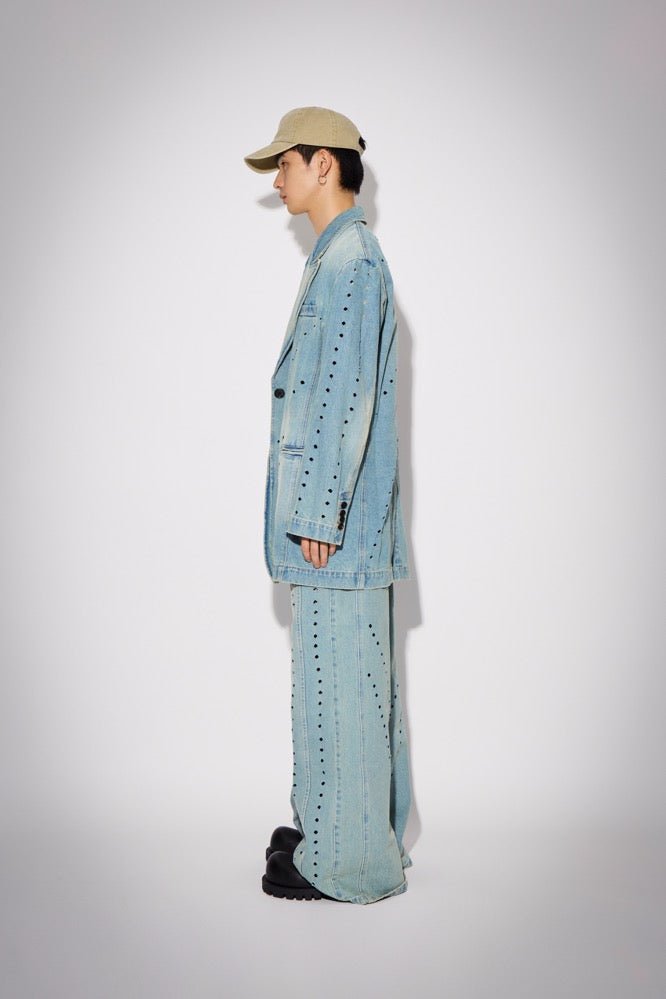 CPLUS SERIES Blue Pistressed Denim Coat with Dissected Lines | MADA IN CHINA