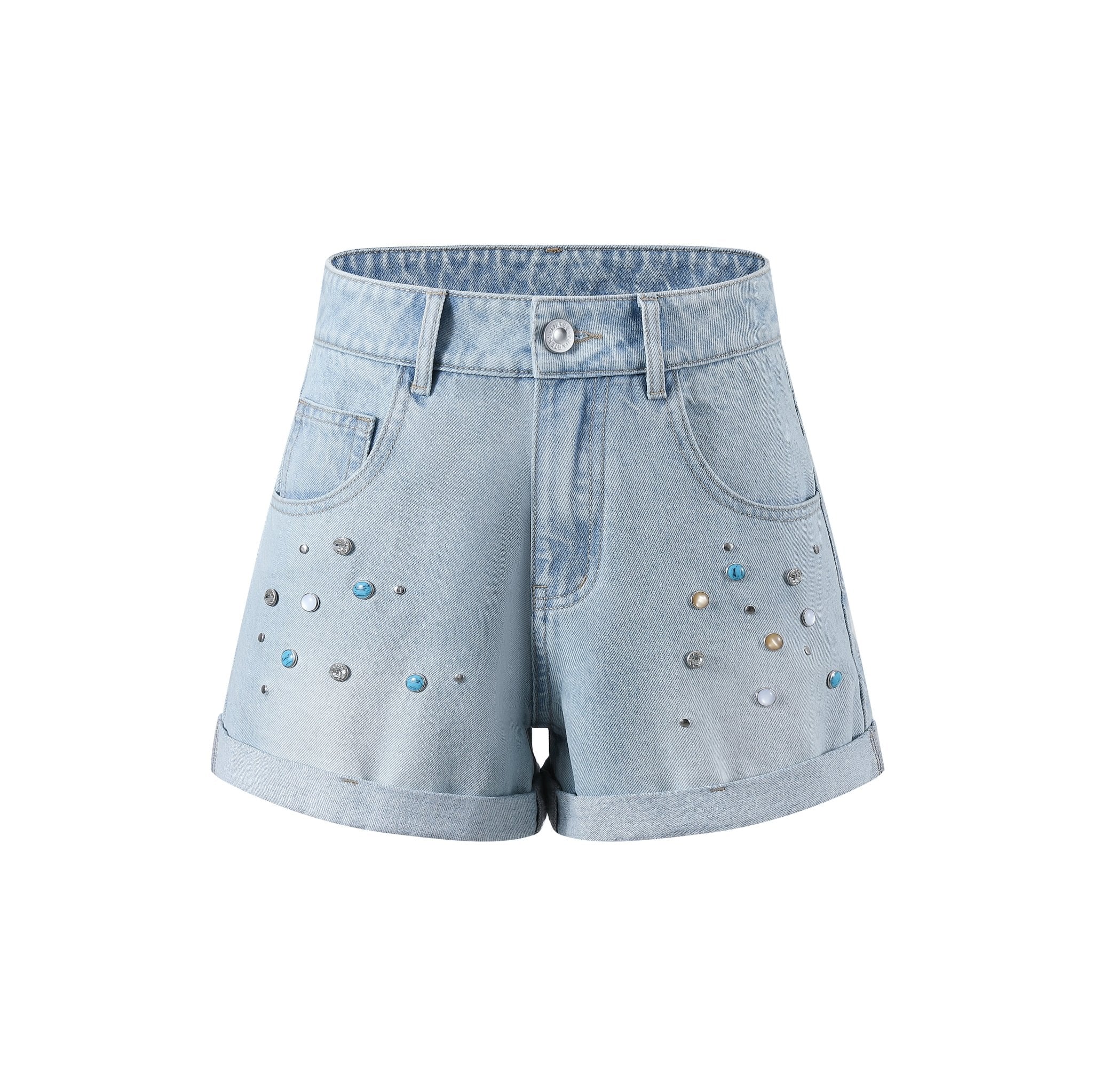 THREE QUARTERS Blue Ripped Colored Studded Denim Shorts | MADA IN CHINA