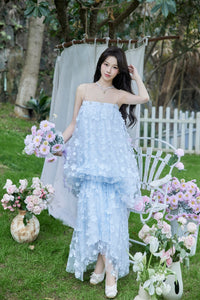 THREE QUARTERS Blue Shearling Hand - Sewn Pearl Floral Sheath Dress | MADA IN CHINA