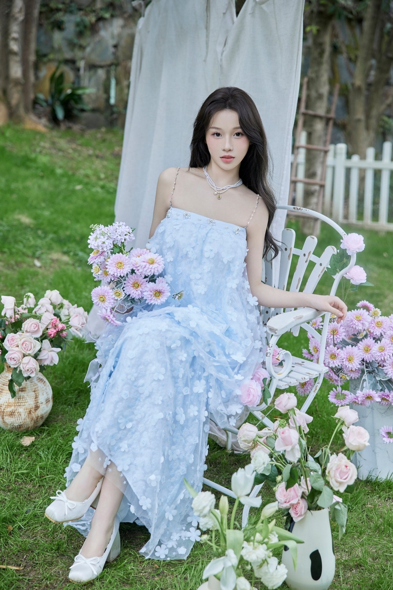 THREE QUARTERS Blue Shearling Hand - Sewn Pearl Floral Sheath Dress | MADA IN CHINA
