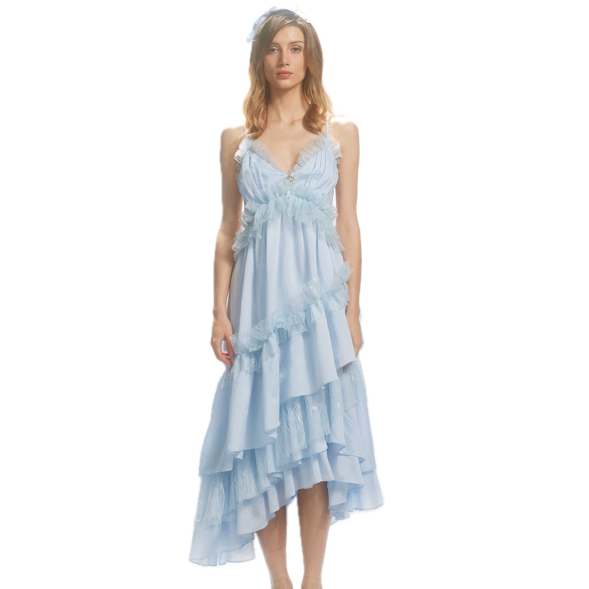 ARTE PURA Blue Spaghetti Lace Halter Dress | MADA IN CHINA