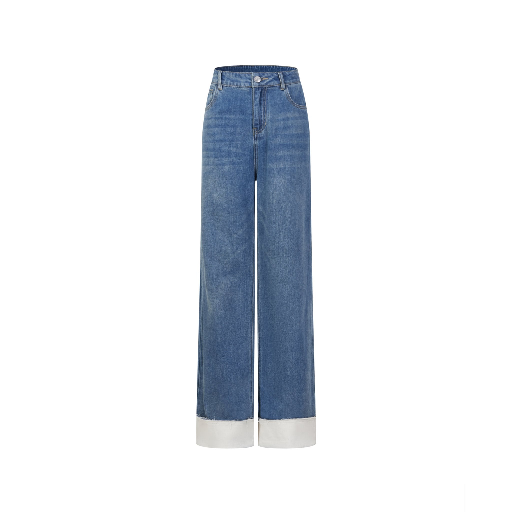 THREE QUARTERS Blue Washed Colorblocked Straight Leg Jeans | MADA IN CHINA