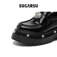 Sugar Su Butterfly Manor Thorns Series Rose Studded Thick Soled Loafers In Black | MADA IN CHINA
