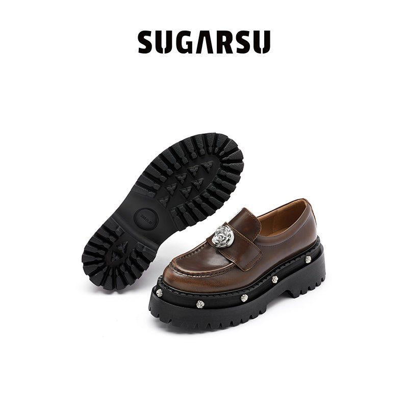 Sugar Su Butterfly Manor Thorns Series Rose Studded Thick Soled Loafers In Brown | MADA IN CHINA