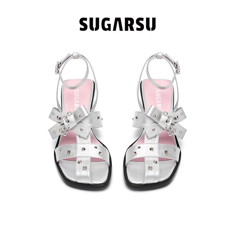 Sugar Su Butterfly Manor Thorns Series Studded Bow Mid - heeled Sandals In Silver | MADA IN CHINA