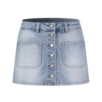 THREE QUARTERS Buttoned False Two Piece Denim Skirt Pants Blue | MADA IN CHINA